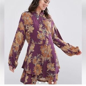 Free People Shake It Mini Dress Long Sleeve Tiered Boho Drawstring Waist Size S